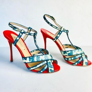 Nicholas Kirkwood red white blue green snakeskin sandals